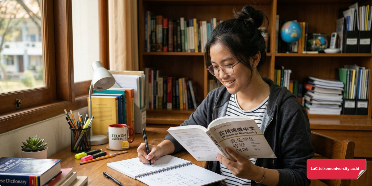 Seorang mahasiswi Indonesia sedang belajar bahasa Mandarin dengan buku dan karakter Hanzi di meja belajarnya