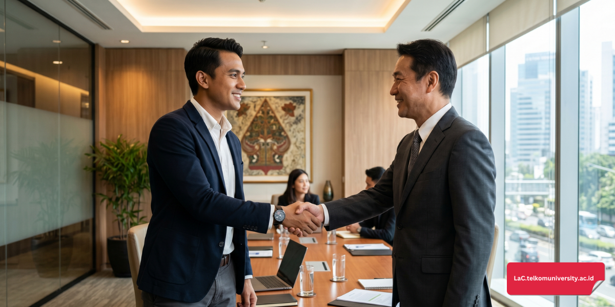 Seorang prQia Indonesia berpakaian rapi melakukan jabat tangan dengan rekan bisnis dalam pertemuan formal berlatar ruangan kantor bernuansa Asia modern