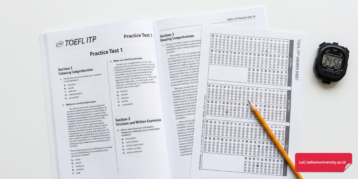 Stopwatch dan lembar soal TOEFL ITP di atas meja sebagai persiapan simulasi ujian dengan kondisi nyata