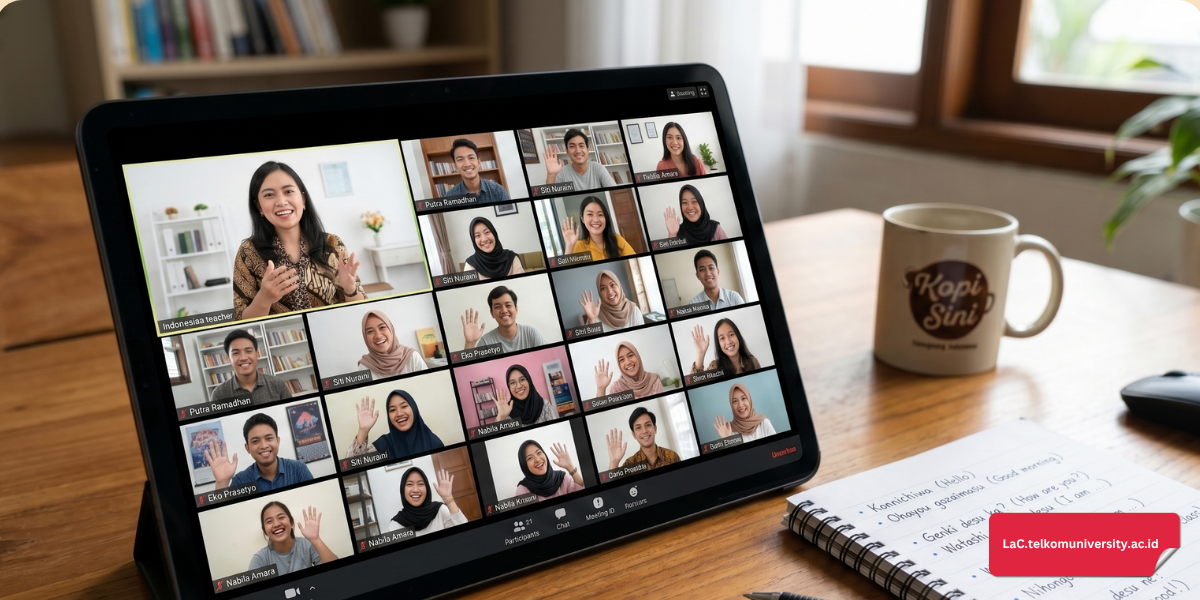 Suasana belajar bahasa Jepang online yang interaktif dan menyenangkan bagi pemula