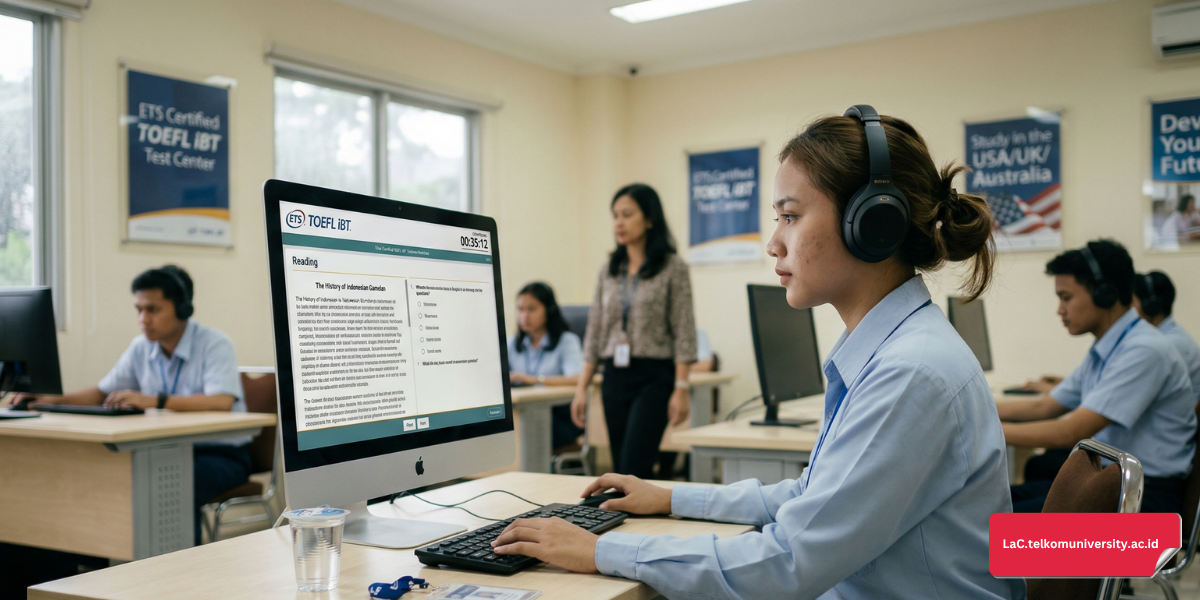 Suasana tenang belajar persiapan tes internasional dengan buku dan perangkat digital