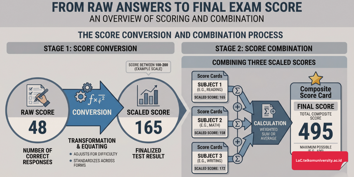 Tabel konversi skor TOEFL ITP yang menampilkan hubungan antara jumlah jawaban benar dan scaled score untuk tiga seksi tes