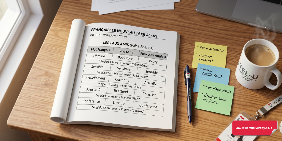 Tabel perbandingan false friends kata bahasa Prancis dan bahasa Inggris beserta artinya yang sebenarnya