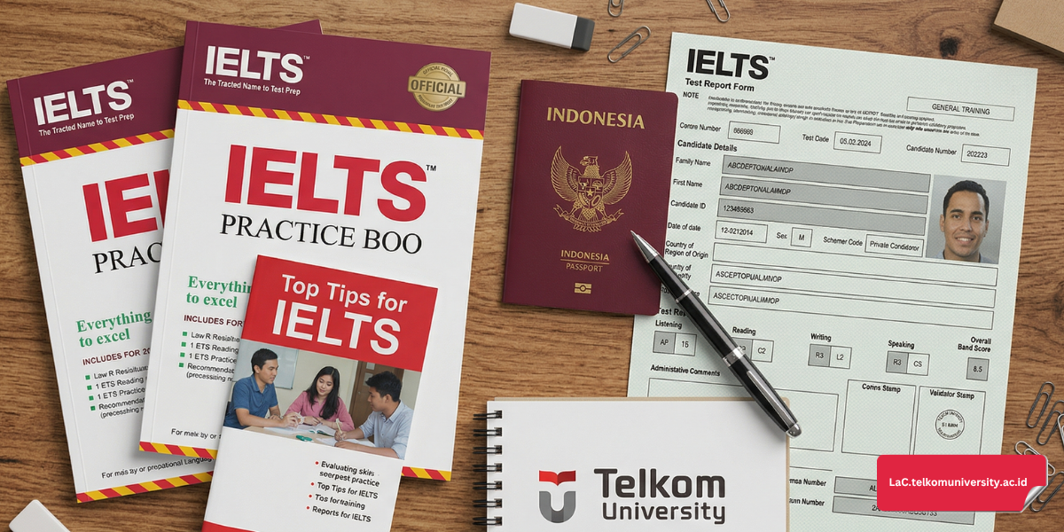Tampilan sertifikat skor IELTS dengan latar belakang laptop dan buku catatan