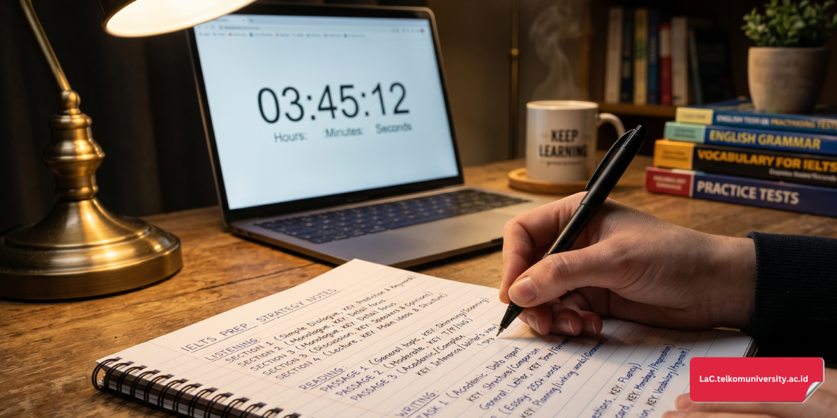 Catatan strategi ujian IELTS mencakup empat sesi listening, reading, writing, dan speaking di atas meja belajar
