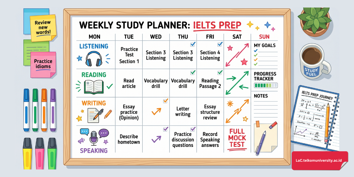 Contoh jadwal belajar mingguan IELTS yang terstruktur untuk melatih semua seksi secara seimbang