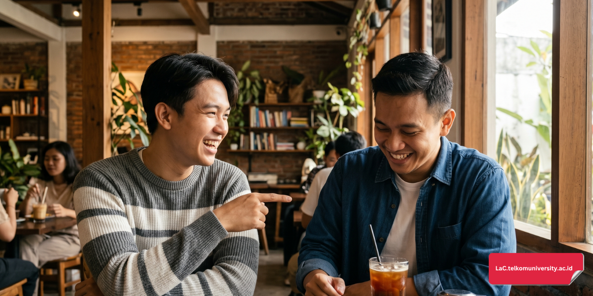 Dua pemuda pria saling berbicara hangat di kafe merepresentasikan sapaan Hyung dalam budaya Korea