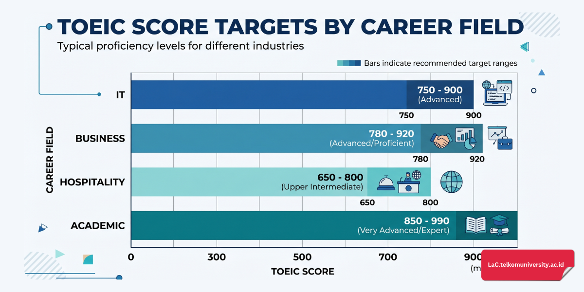 Grafik batang perbandingan target skor TOEIC minimum dan ideal untuk bidang IT, bisnis, hospitality, dan akademik