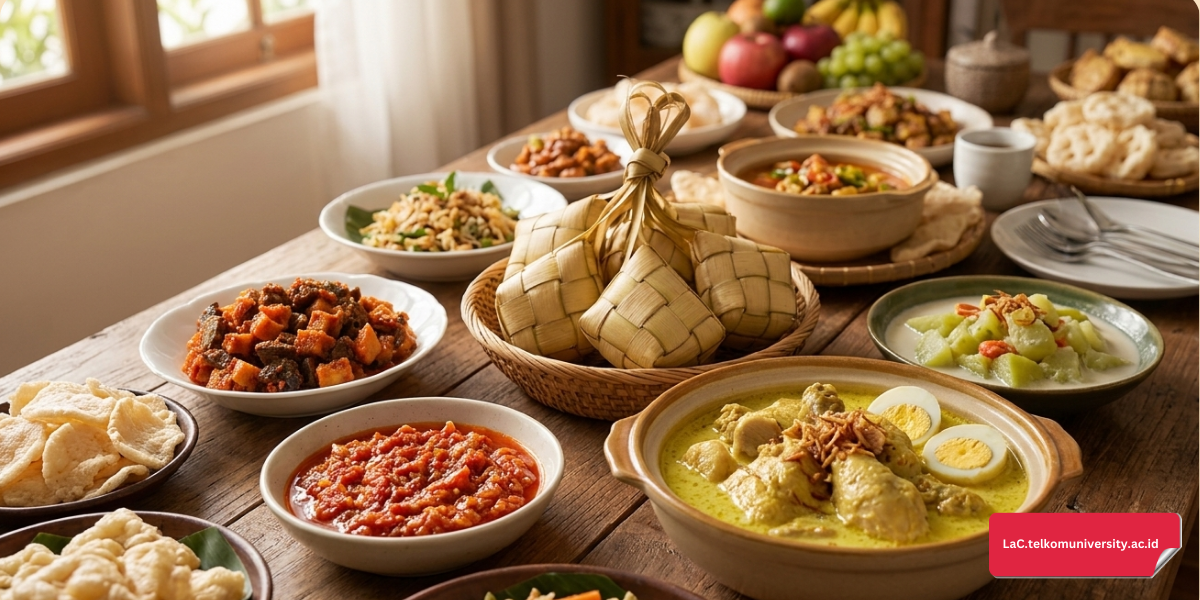 Hidangan khas Lebaran seperti ketupat dan opor ayam di meja makan