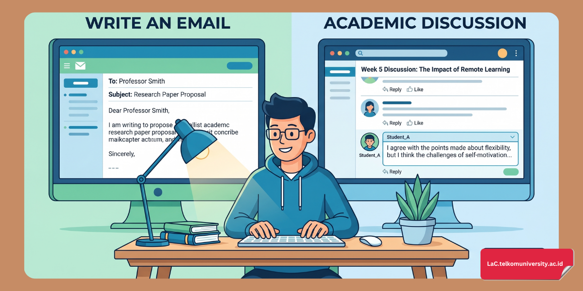 Ilustrasi dua tugas Writing TOEFL iBT 2026 yaitu Write an Email dan Academic Discussion yang ditampilkan secara berdampingan di layar komputer