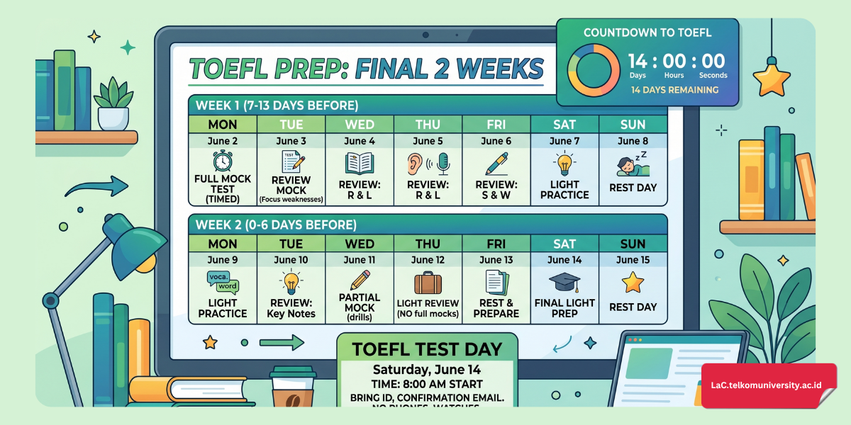 Ilustrasi jadwal belajar dua minggu terakhir sebelum tes TOEFL iBT yang mencakup sesi simulasi penuh, review, dan istirahat