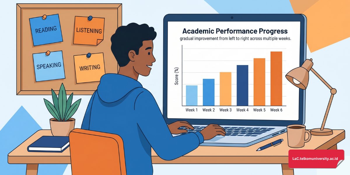 Ilustrasi mahasiswa mengevaluasi grafik progres skor TOEFL iBT di laptop dengan catatan latihan per skill di papan di belakangnya