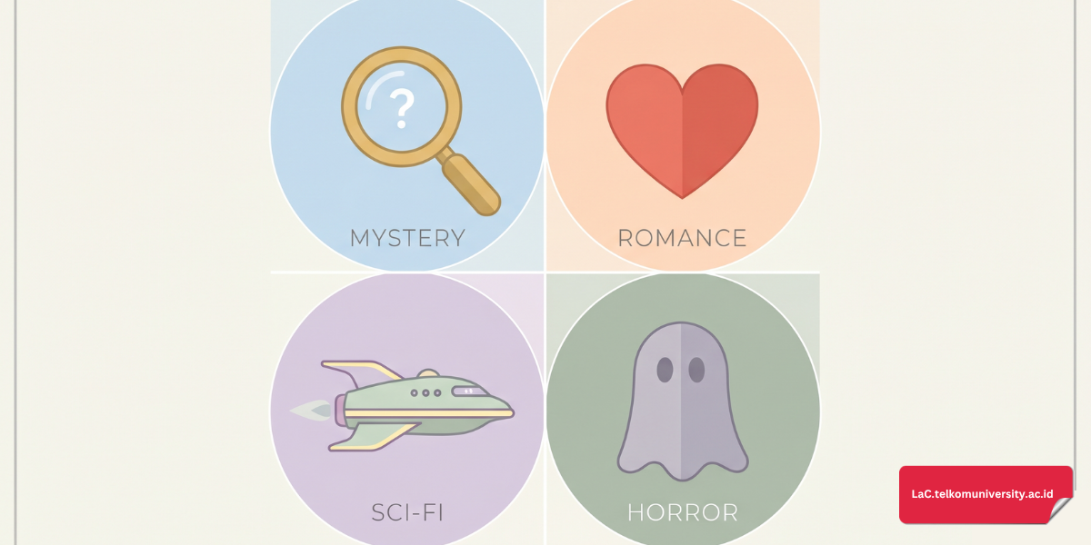 Ilustrasi mahasiswa sedang belajar kosakata film bahasa Inggris di laptop