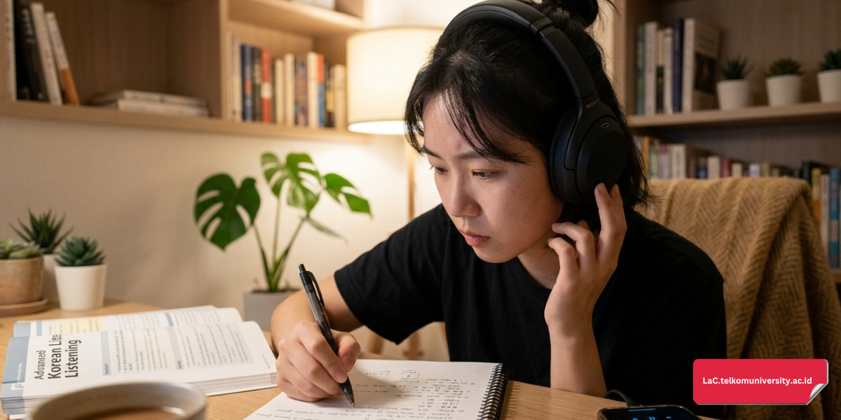 Ilustrasi siswa sedang mendengarkan audio ujian bahasa Inggris menggunakan headphone