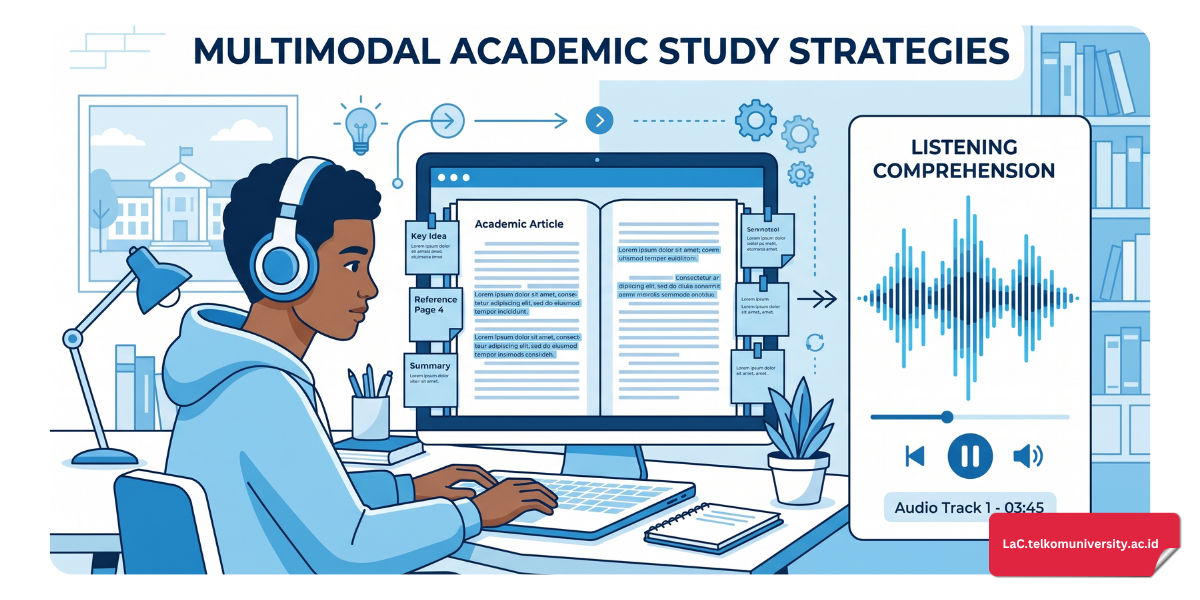 Ilustrasi strategi latihan TOEFL iBT seksi Reading dan Listening dengan tampilan teks akademis dan visualisasi audio di layar laptop