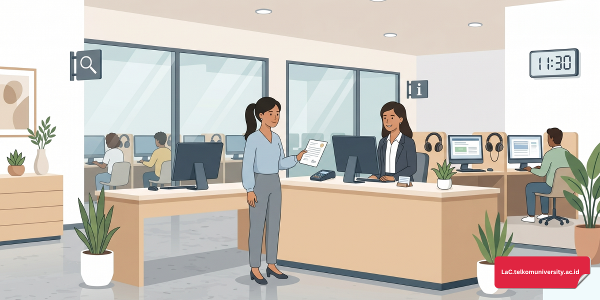 Ilustrasi suasana test center TOEFL iBT dengan peserta yang tenang dan siap menghadapi ujian di depan komputer