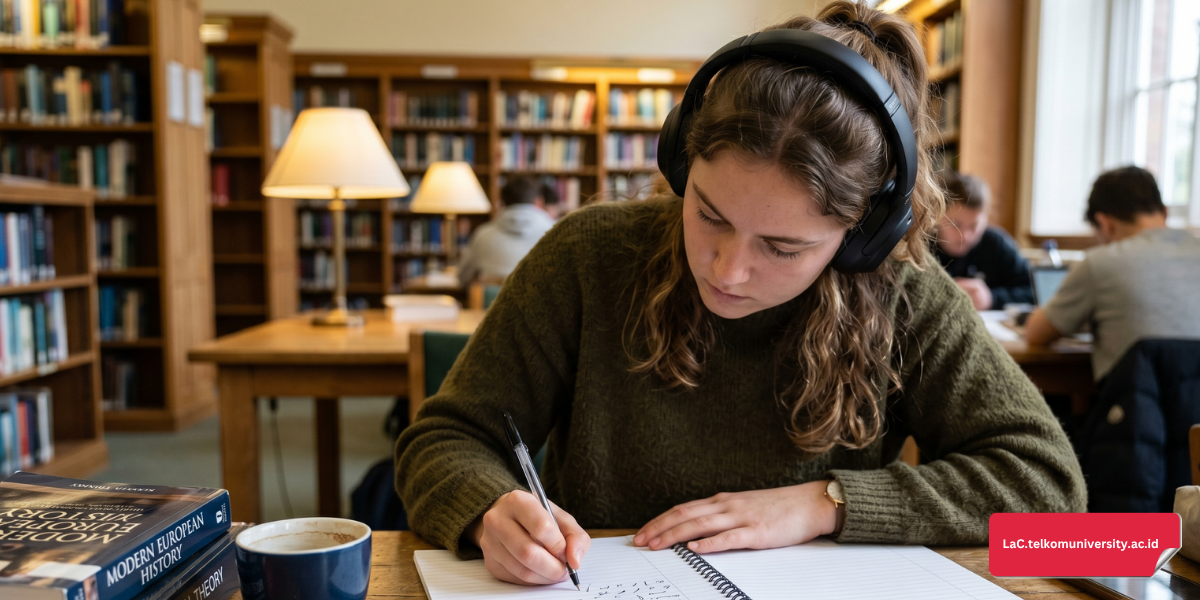 Ilustrasi tangan menulis notasi cepat di kertas saat mendengarkan audio TOEIC di meja belajar