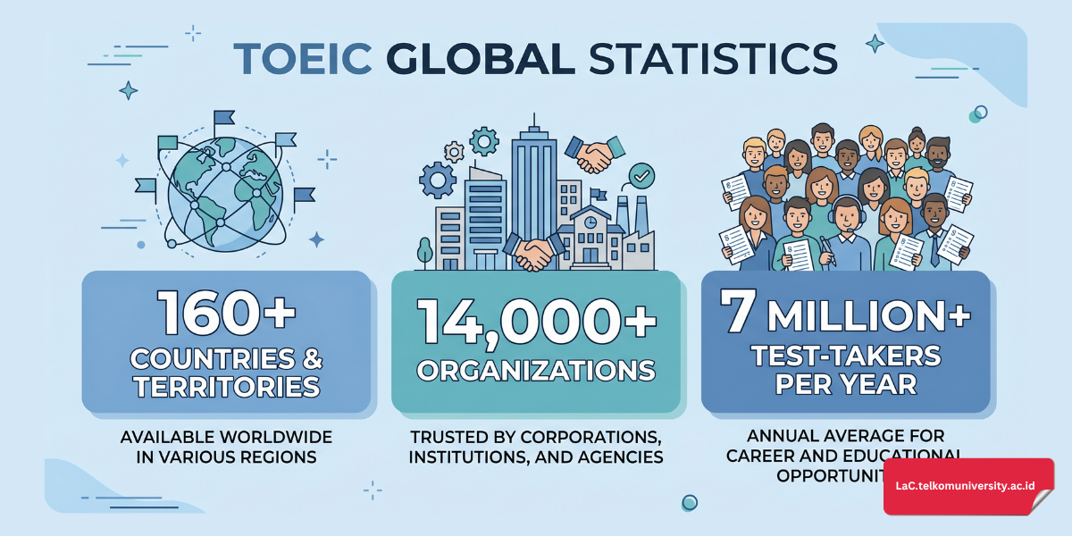 Infografis fakta dan angka TOEIC global- lebih dari 160 negara, 14.000 organisasi, dan 7 juta peserta per tahun