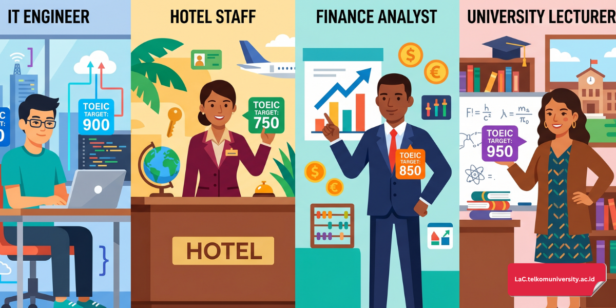 Infografis level skor TOEIC dan kesesuaiannya dengan berbagai posisi profesional di industri global