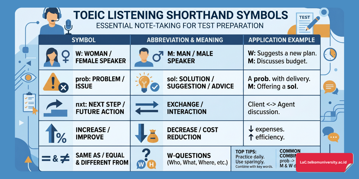 Infografis simbol dan singkatan shortcut notes untuk TOEIC Listening Part 3 dan Part 4