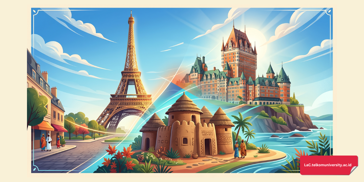 Logo resmi Organisation Internationale de la Francophonie dengan latar belakang bendera berbagai negara