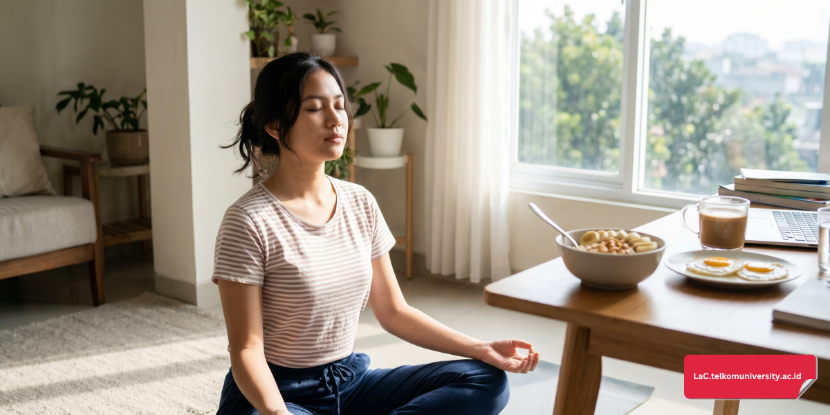 Mahasiswa Indonesia melakukan relaksasi pernapasan dan sarapan bergizi sebagai persiapan fisik dan mental sebelum tes IELTS