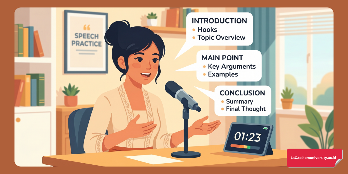 Mahasiswa berlatih speaking untuk TOEFL iBT dengan struktur jawaban terorganisir dan timer sebagai alat manajemen waktu