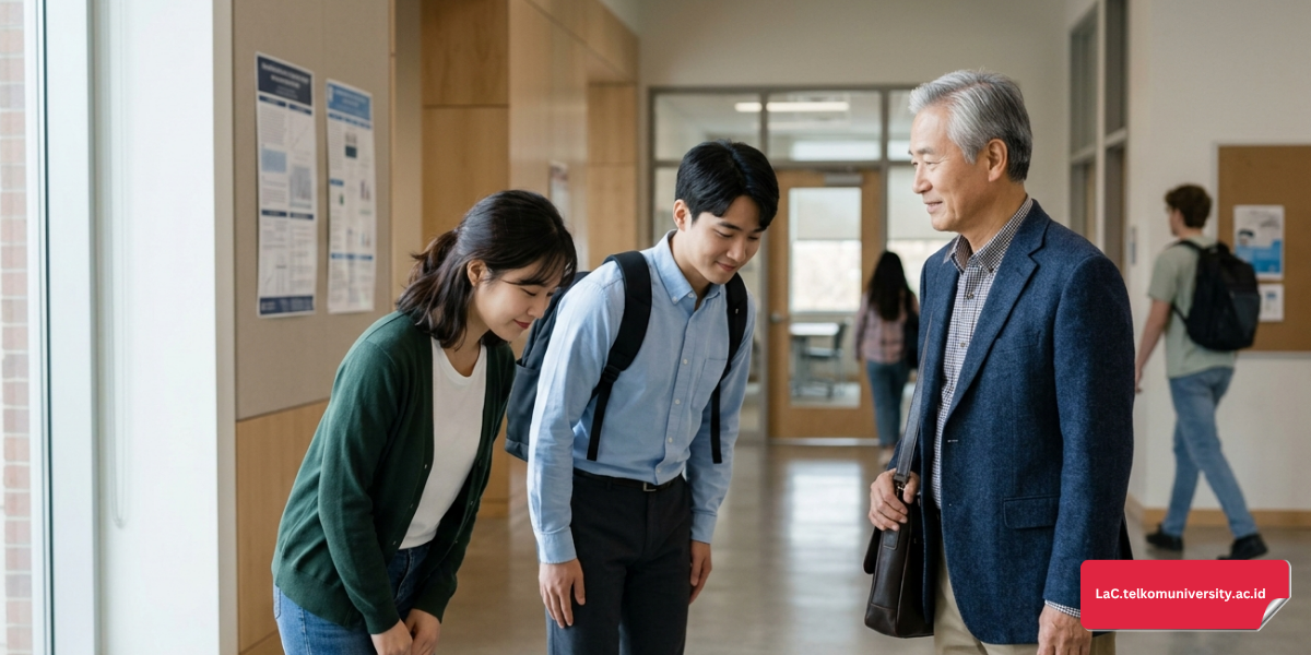 Mahasiswa memberikan hormat kepada dosen di lorong kampus sebagai contoh etika budaya bahasa Korea