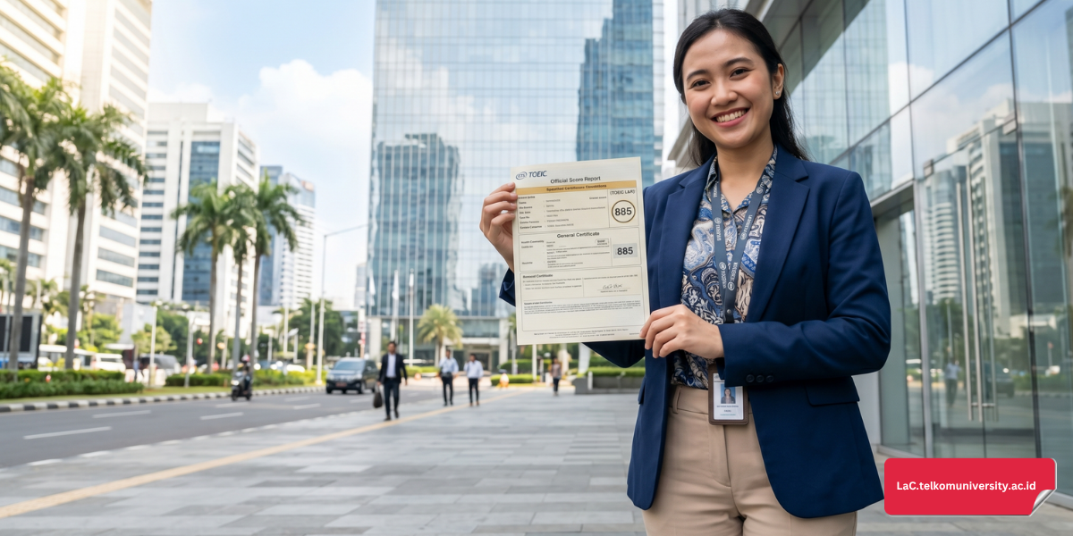 Mahasiswa memegang sertifikat TOEIC di depan gedung kantor perusahaan multinasional dengan latar kota modern