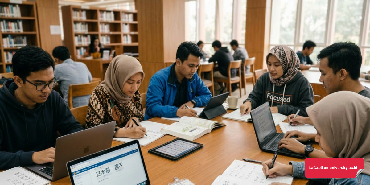 Mahasiswa sedang belajar giat untuk persiapan ujian sertifikasi bahasa Jepang