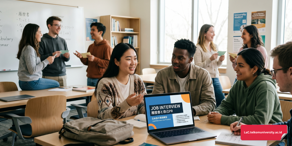 Mahasiswa sedang berlatih simulasi interview kerja bahasa Jepang dengan percaya diri