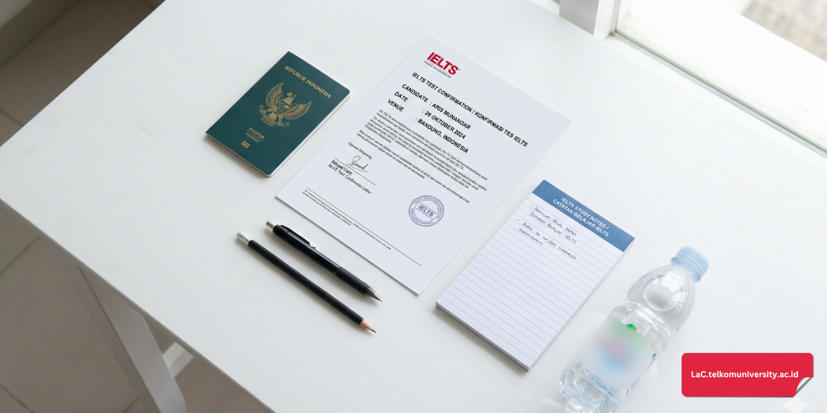 Persiapan dokumen penting sebelum ujian IELTS meliputi paspor, bukti pendaftaran, dan alat tulis yang tersusun rapi di atas meja