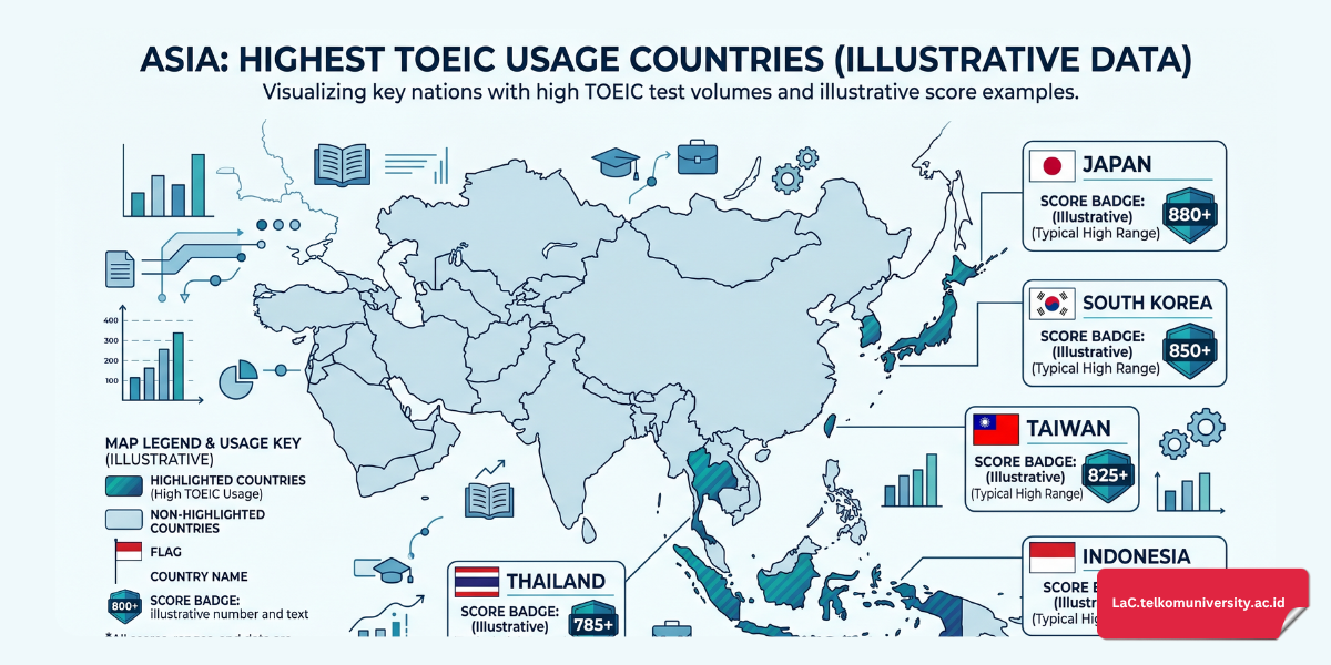 Peta Asia menampilkan negara-negara pengguna TOEIC terbesar seperti Jepang, Korea Selatan, Taiwan, Indonesia, dan Thailand dengan ikon skor TOEIC