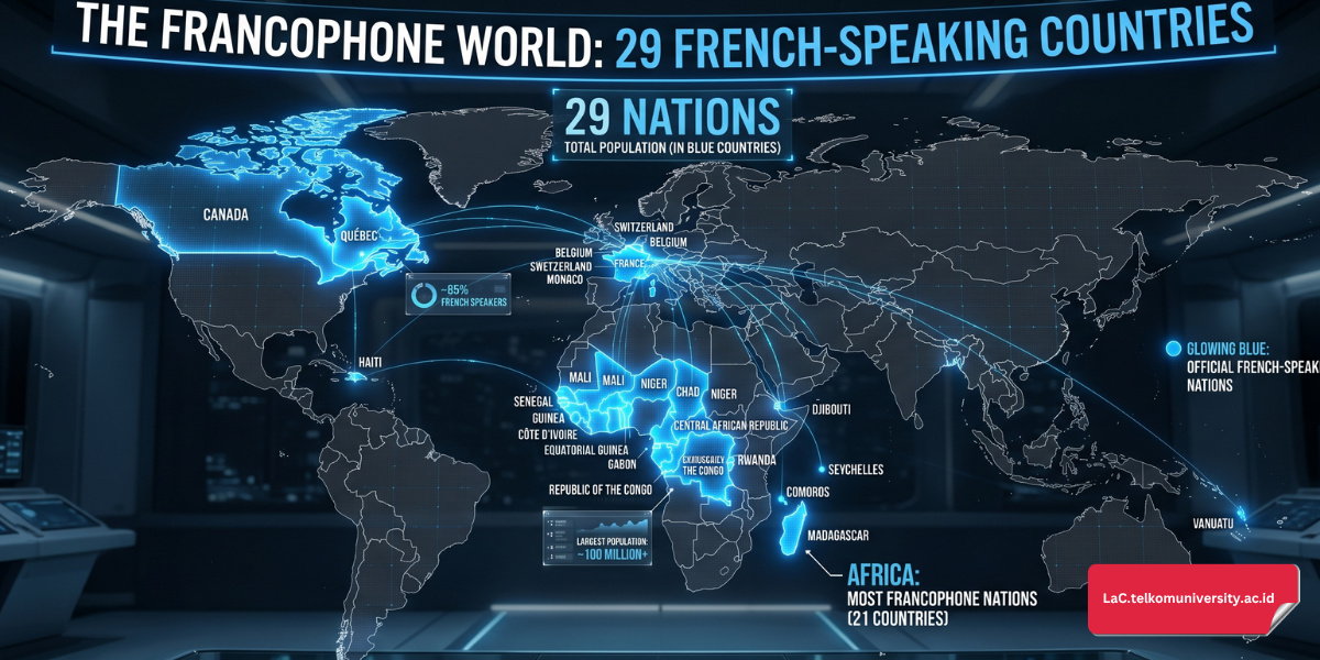 Peta dunia yang menunjukkan persebaran negara anggota Francophonie di lima benua