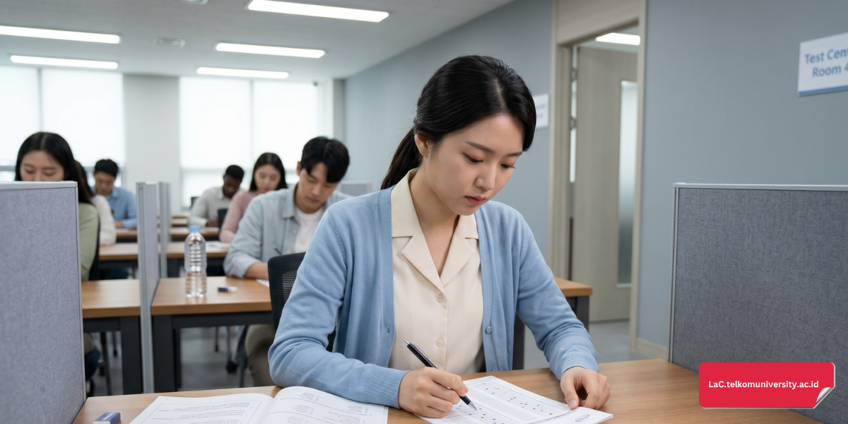 Profesional muda Asia sedang mengerjakan tes TOEIC di ruang tes resmi yang modern dan tertib
