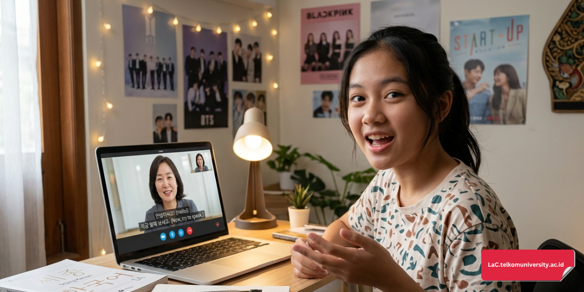 Remaja Indonesia sedang belajar bahasa Korea online bersama pengajar asli untuk melatih pengucapan jondaetmal