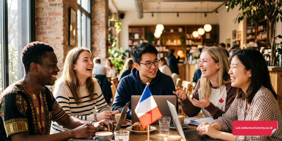 Sekumpulan mahasiswa lintas budaya sedang berdiskusi menggunakan bahasa Prancis di area kampus