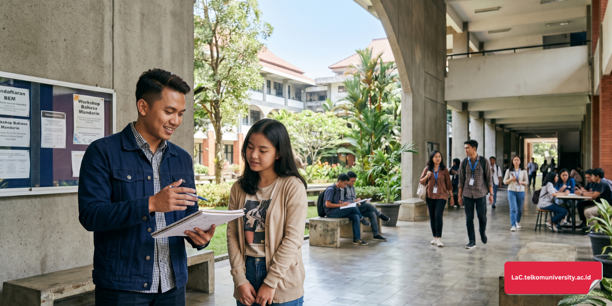 Senior memberikan bimbingan kepada junior mahasiswa di koridor kampus menggambarkan relasi Sunbae dan Hubae
