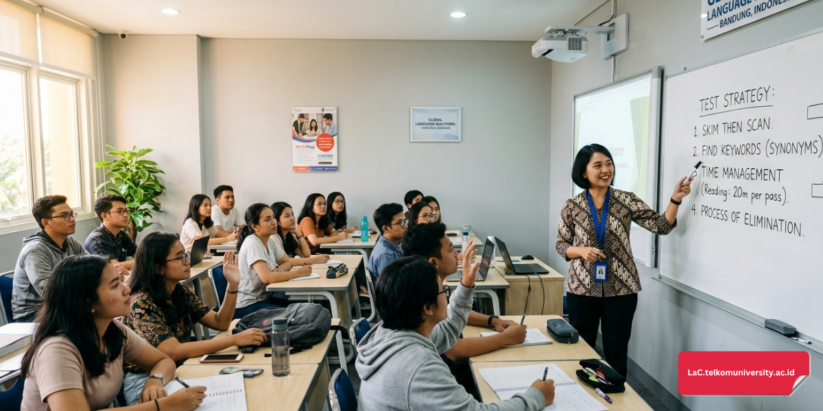 Suasana kelas persiapan ujian bahasa Inggris di mana seorang mentor sedang memandu peserta dengan serius