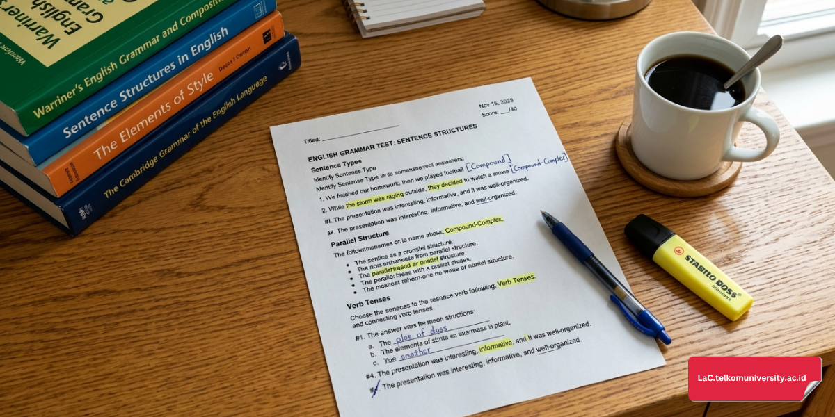 Tampilan kertas ujian tata bahasa Inggris yang berisi struktur kalimat rumpang dan kesalahan penulisan