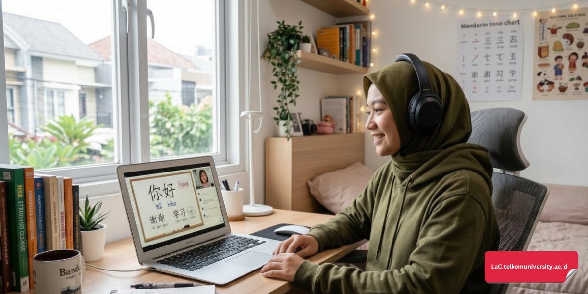 Tampilan layar laptop menunjukkan kelas online bahasa Mandarin dengan tutor native