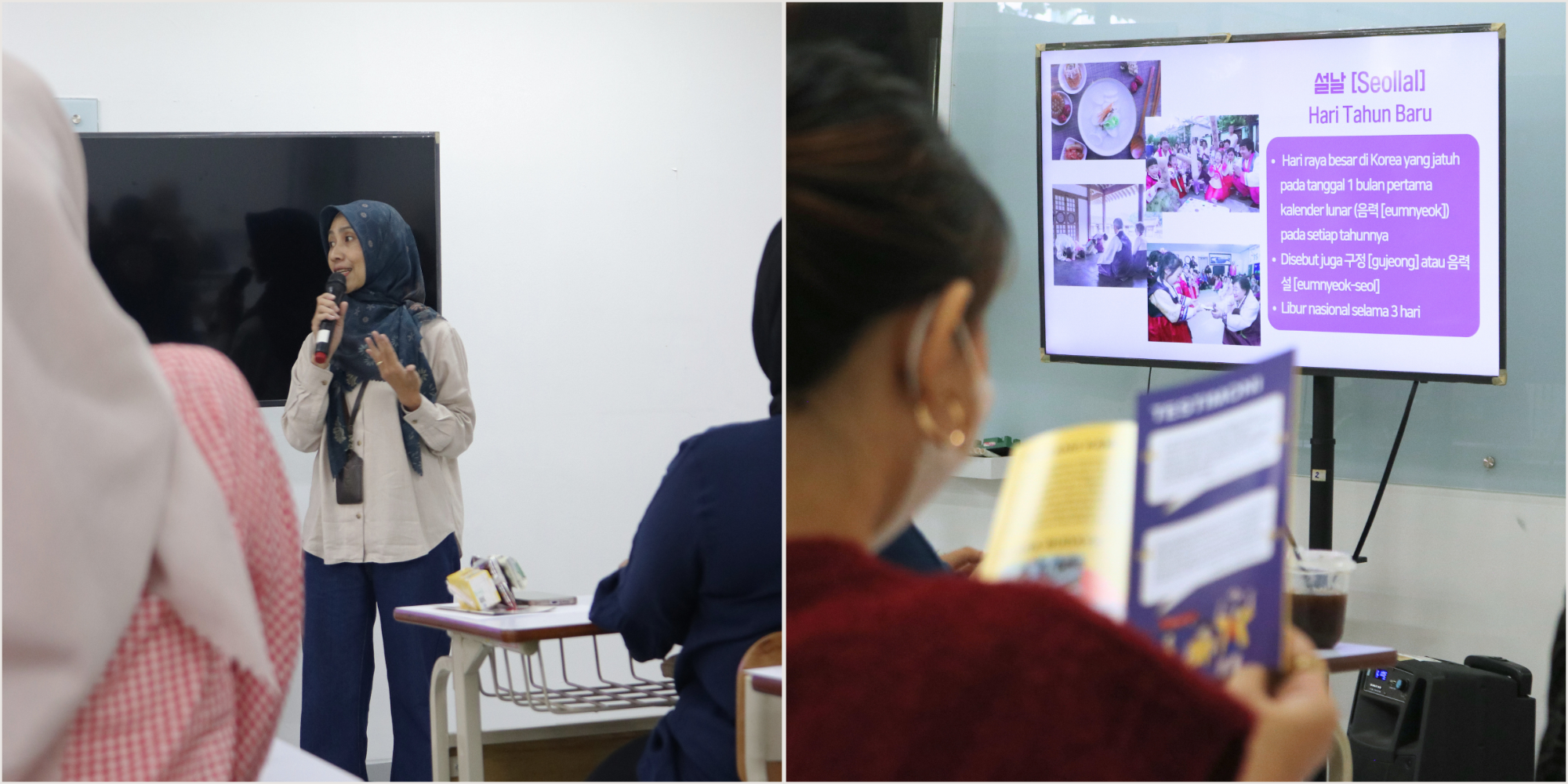 Sambutan Kepala Bagian Pusat Bahasa, Ibu Rika Yuliant, M.I.Kom (kiri) dan penjelasan mengenai Seollal (kanan)