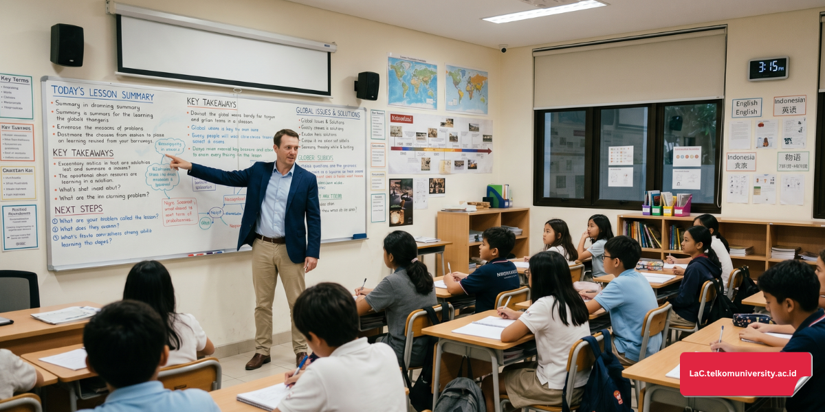 Guru laki-laki menutup sesi kelas di depan whiteboard dengan siswa mencatat ringkasan pelajaran