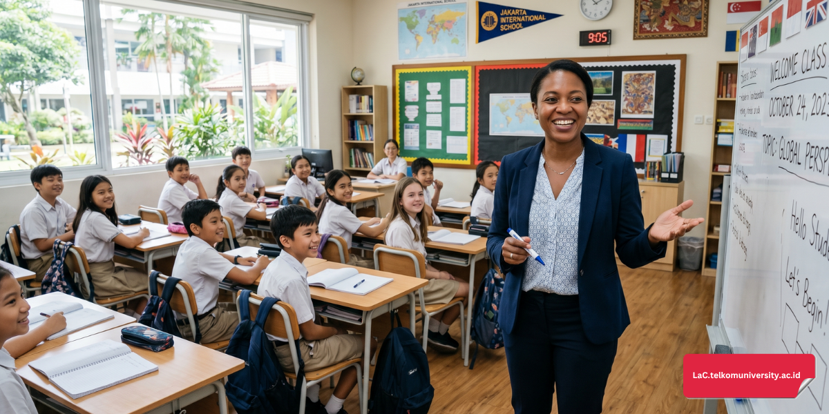 Guru perempuan membuka sesi kelas di sekolah internasional dengan ekspresi ramah di depan papan tulis
