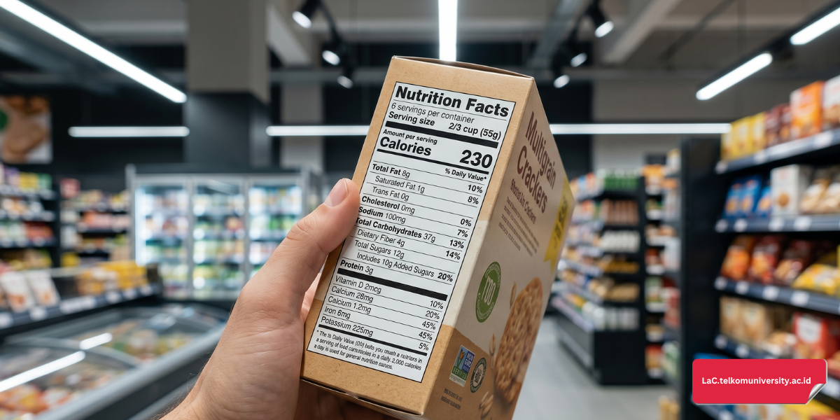 Ilustrasi label informasi nilai gizi produk makanan dalam bahasa Inggris.