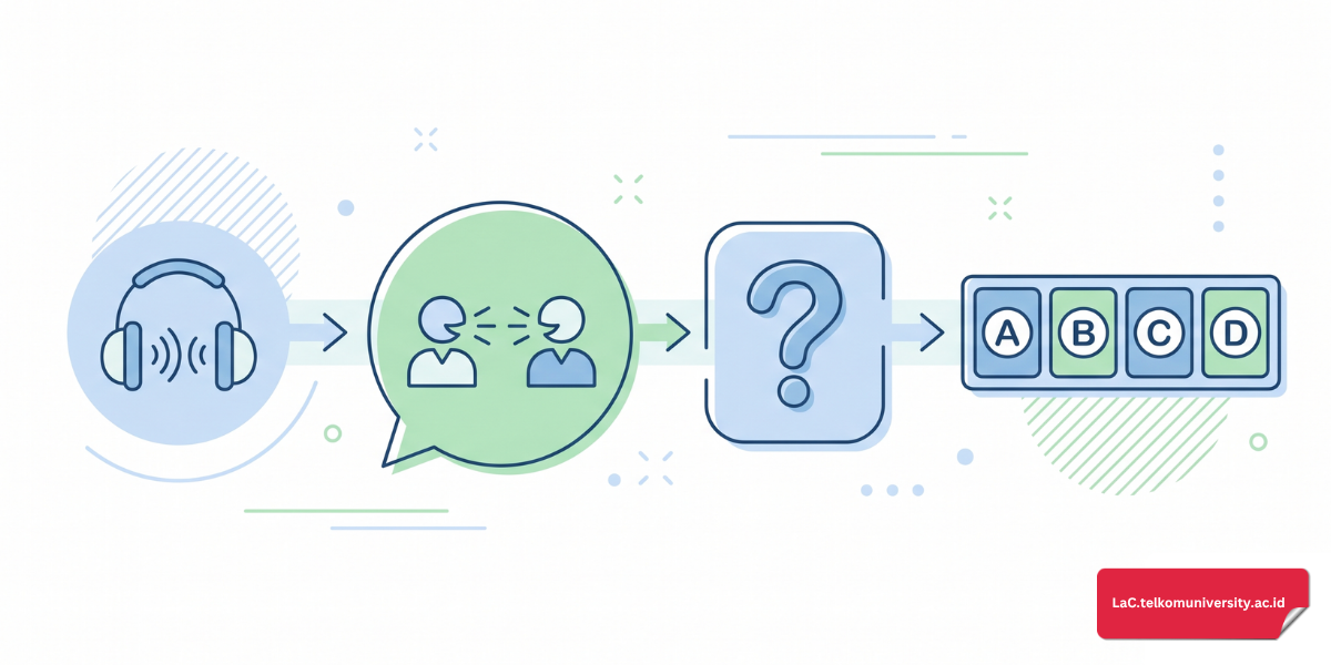 Ilustrasi seseorang memakai headphone sedang mendengarkan percakapan bahasa Inggris di depan laptop dengan buku latihan TOEFL ITP terbuka di sampingnya