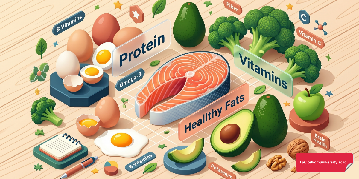Infografis nutrisi makanan sehat dalam bahasa Inggris untuk mahasiswa.