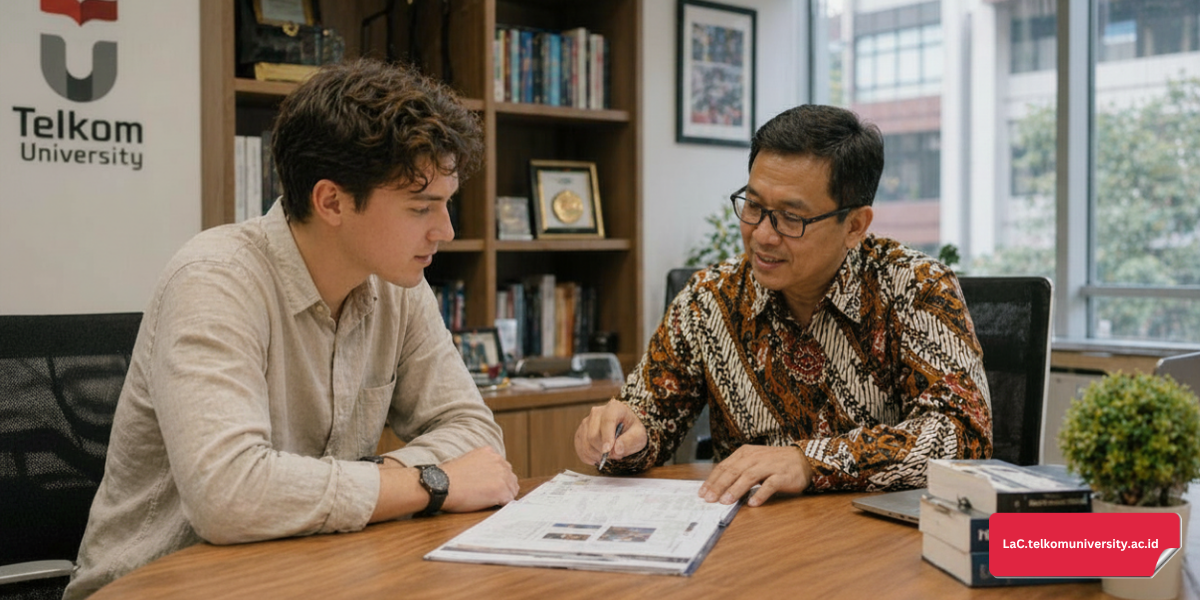 Mahasiswa asing berkonsultasi langsung dengan dosen Indonesia di ruang kantor kampus menggunakan bahasa formal Indonesia