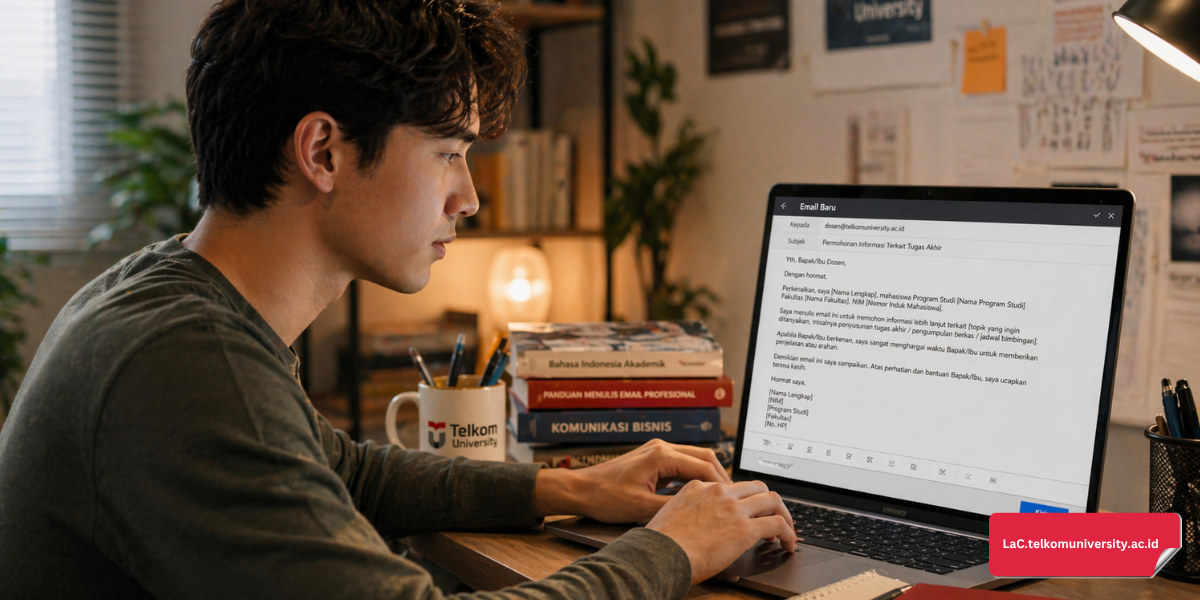 Mahasiswa asing cara menghubungi dosen bahasa Indonesia melalui email formal di laptop dengan suasana ruang belajar