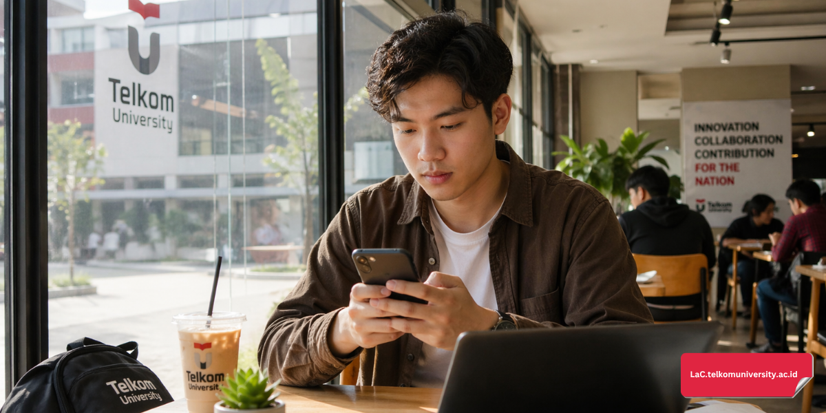 Mahasiswa asing sedang mengetik pesan di ponsel untuk menghubungi dosen di Indonesia dengan etika yang sopan